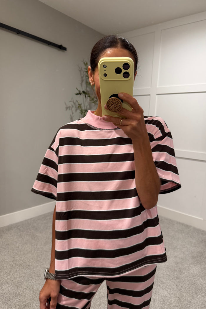Sheila Mock Neck Striped Set | Pink/Brown
