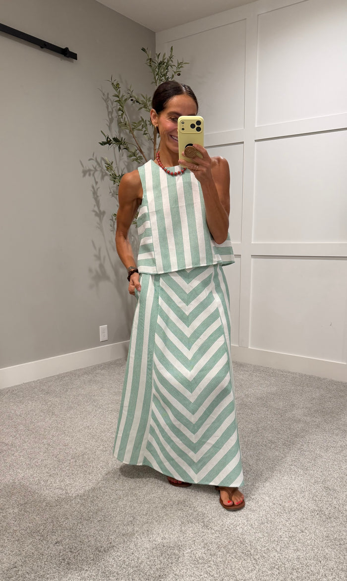 Gina Green Striped Skirt Set