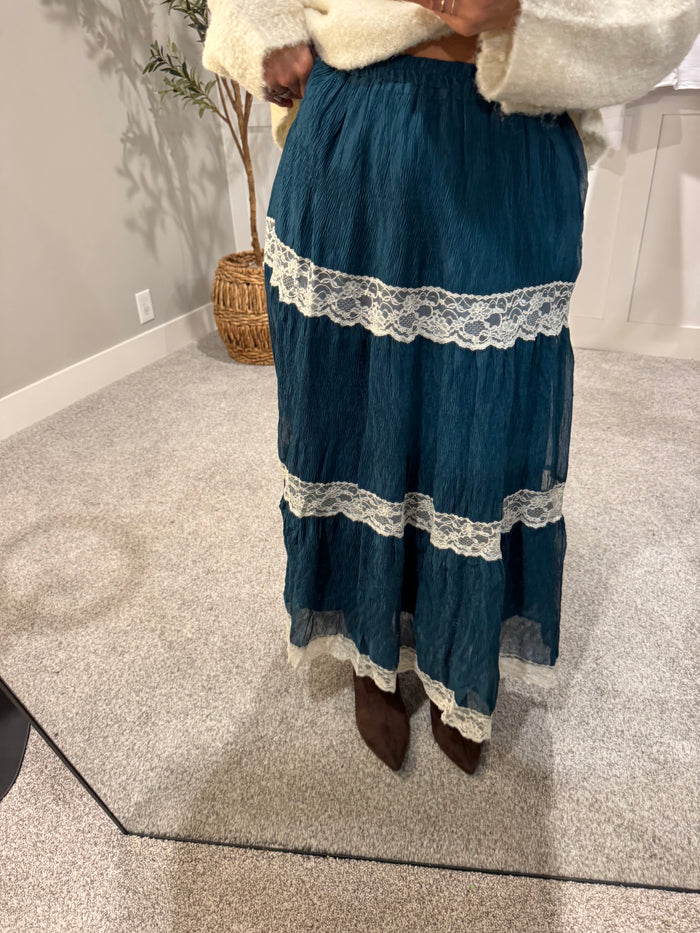 Tiered Lace-Trim Maxi Skirt | Teal Blue