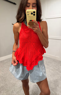 Pointelle Crochet-Knit Top | Red