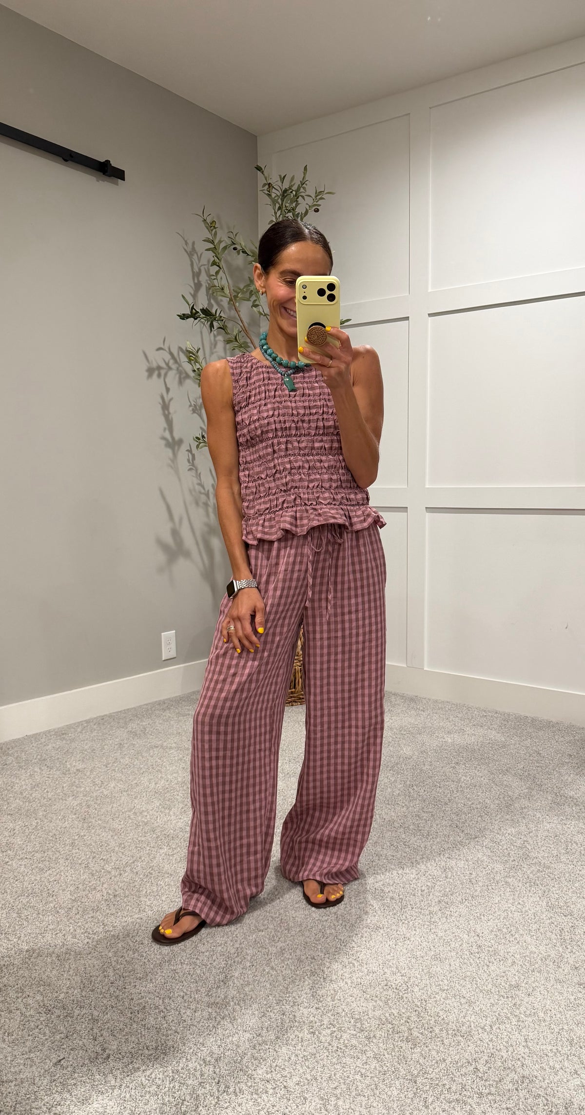 Gingham Print Drawstring Pants | Mauve