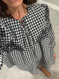 Riley Embroidered Collar Gingham Dress | Black/White