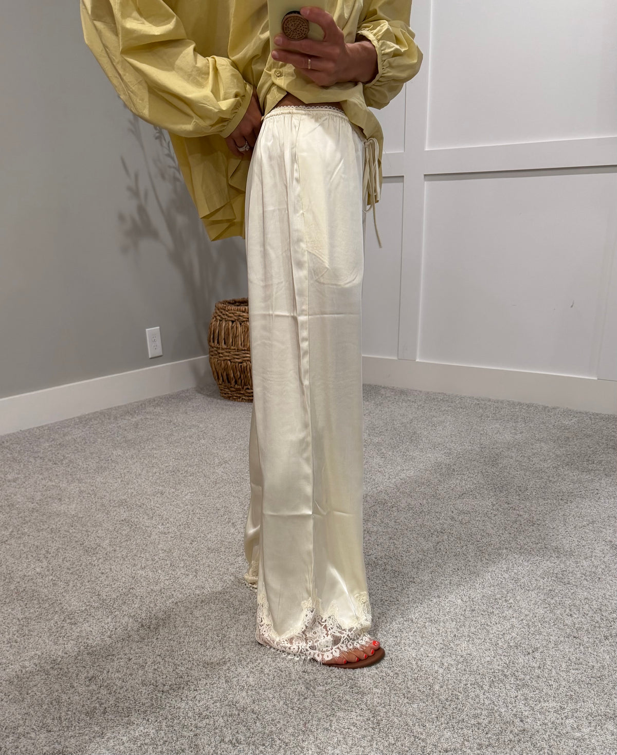 Mireya Satin Lace Trim Pants | Cream