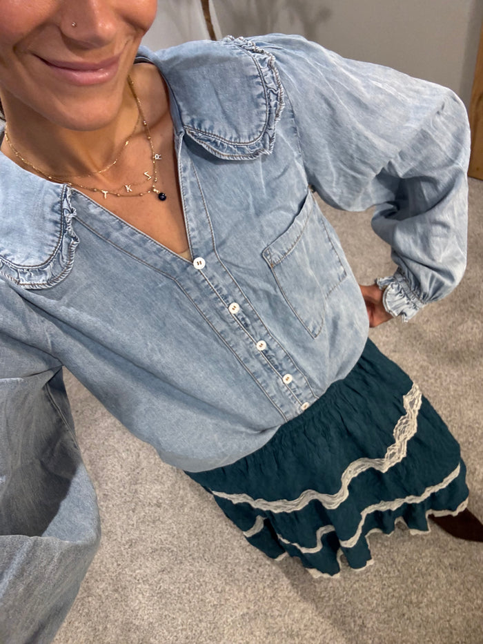 Denim Round Collar Button Down