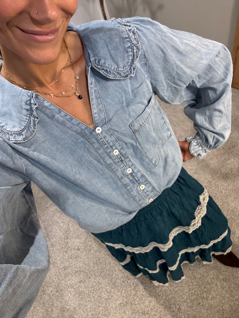 Denim Round Collar Button Down