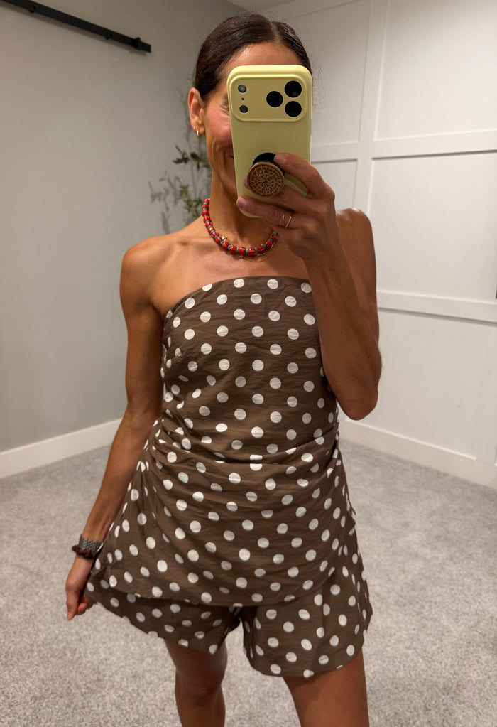 Anita Asymmetric Top Polka Dot Set | Brown
