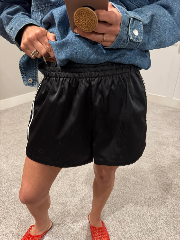 Satin Lace Track Shorts | Black
