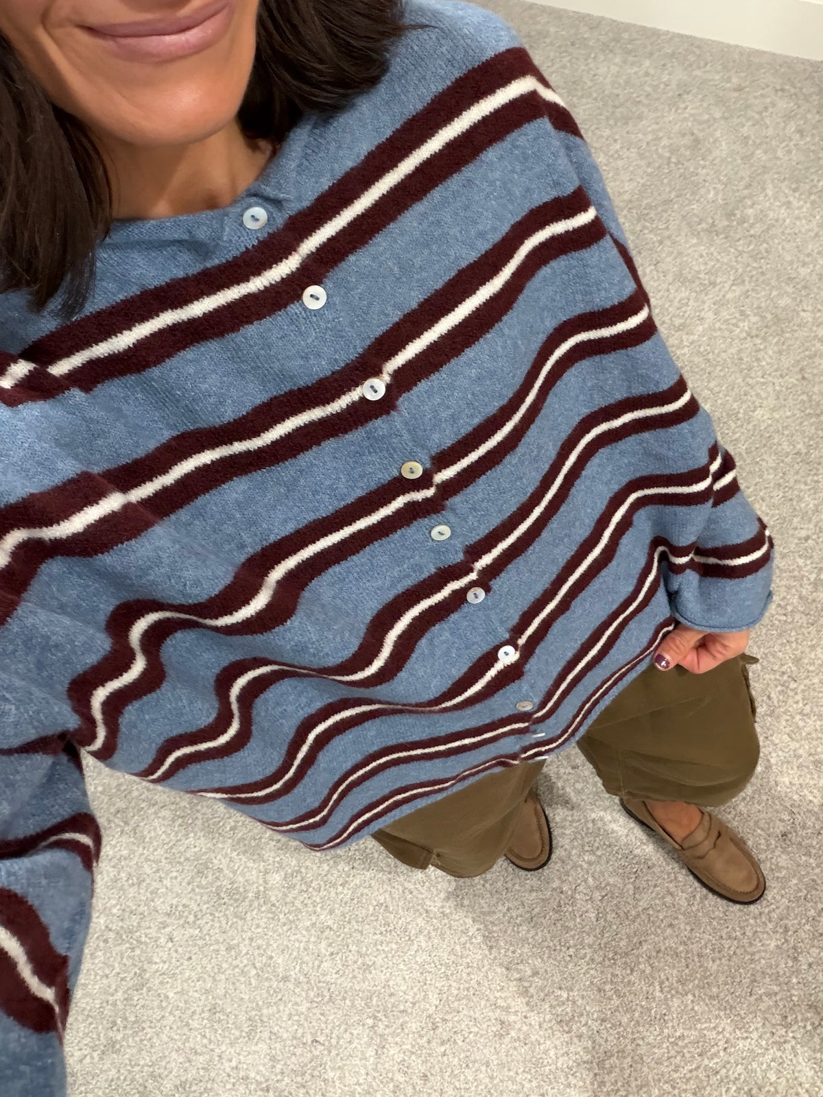 Piper Varsity Striped Cardigan | Dusty Blue/Maroon
