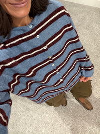 Piper Varsity Striped Cardigan | Dusty Blue/Maroon