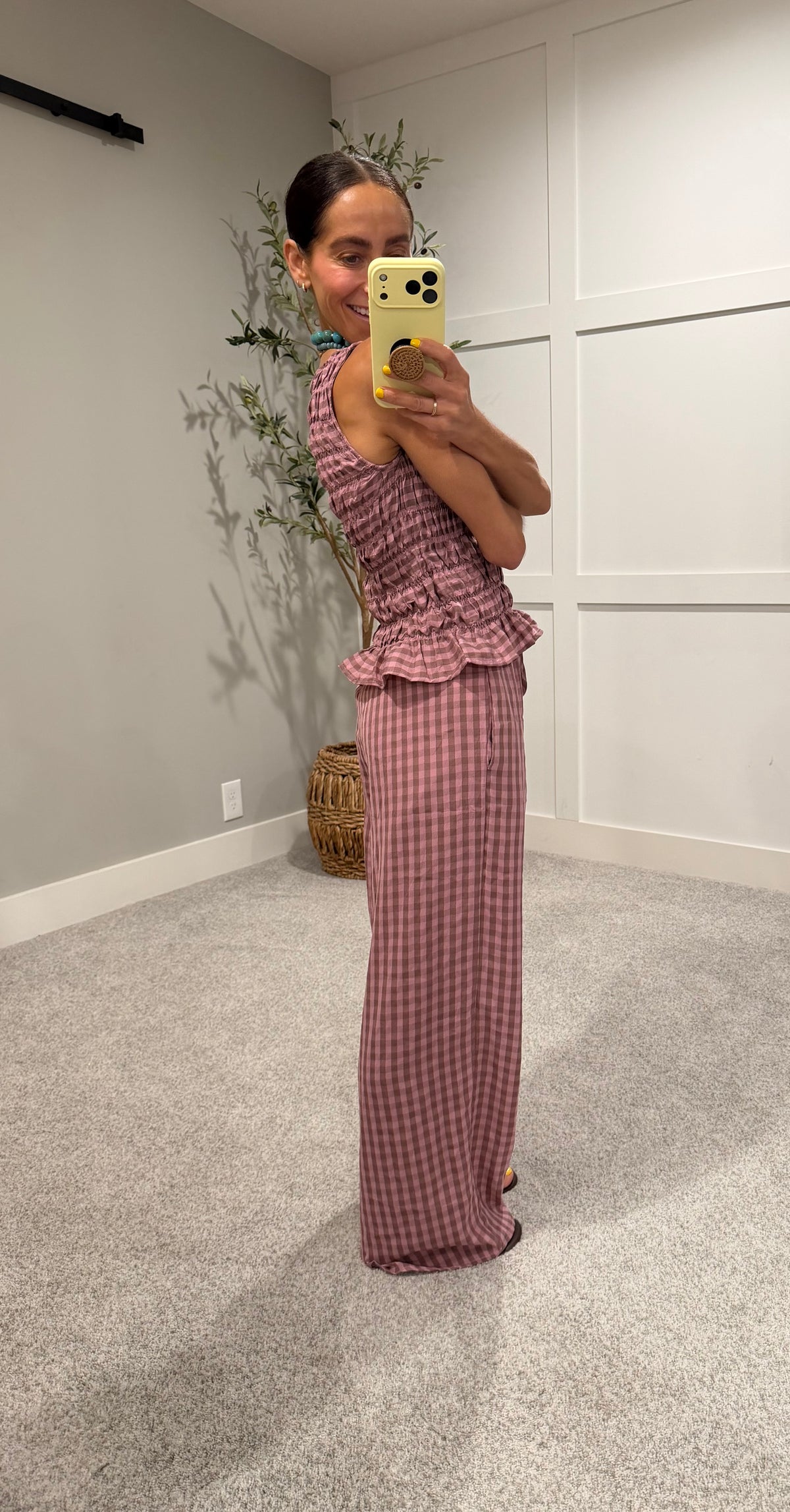 Gingham Print Drawstring Pants | Mauve