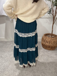 Tiered Lace-Trim Maxi Skirt | Teal Blue