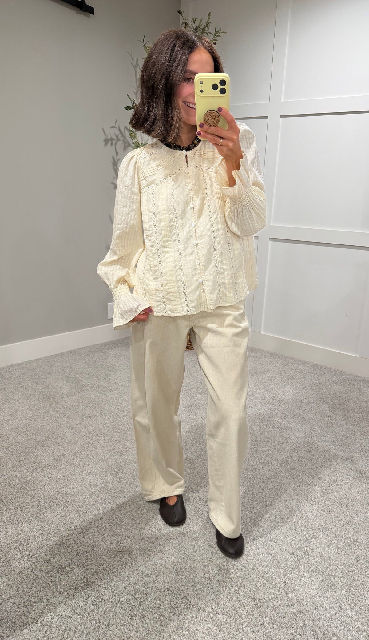 Lace Pintuck Detail Button Blouse | Cream
