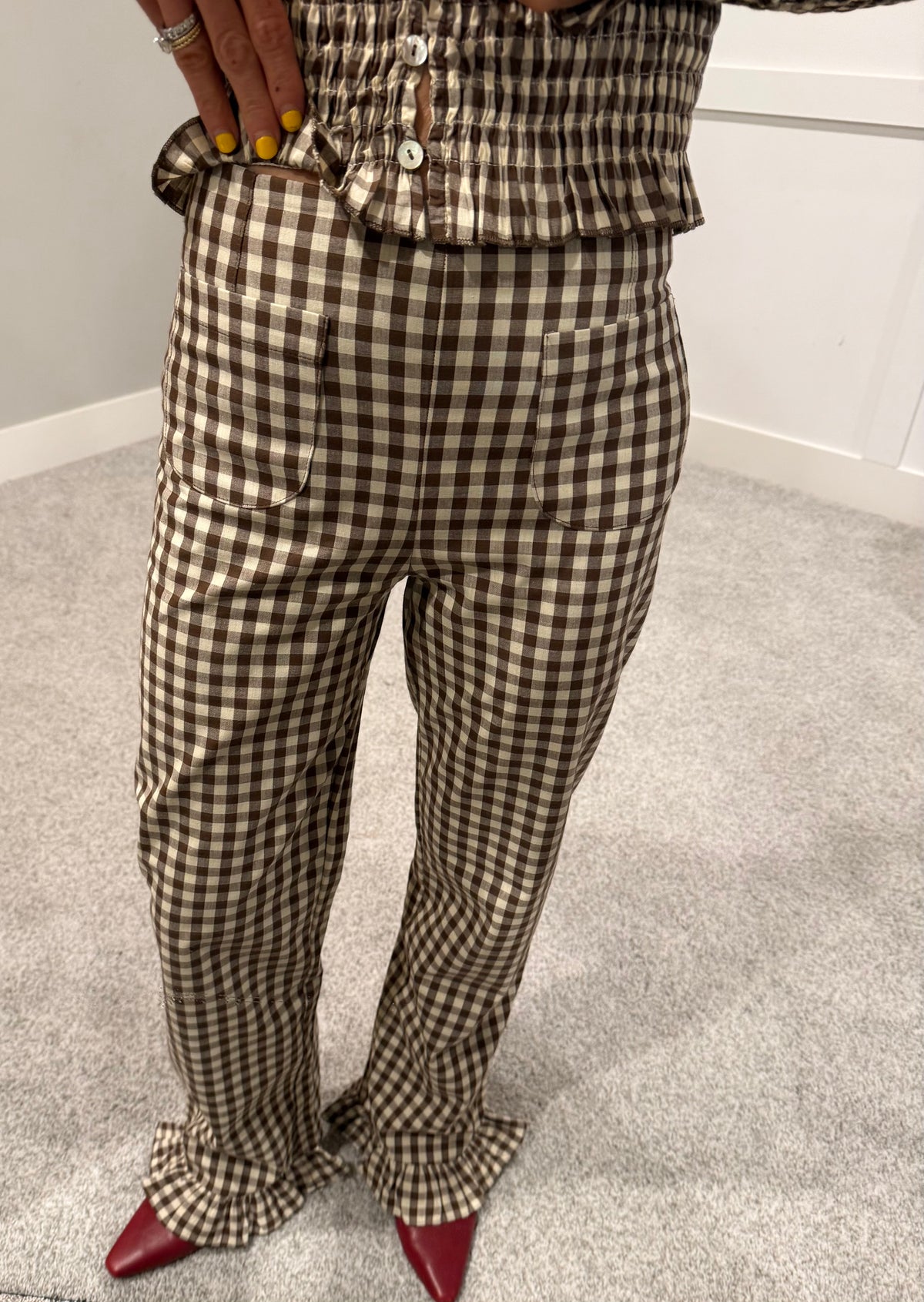 Ashton Ruffle Trim Pants | Brown/Cream Gingham