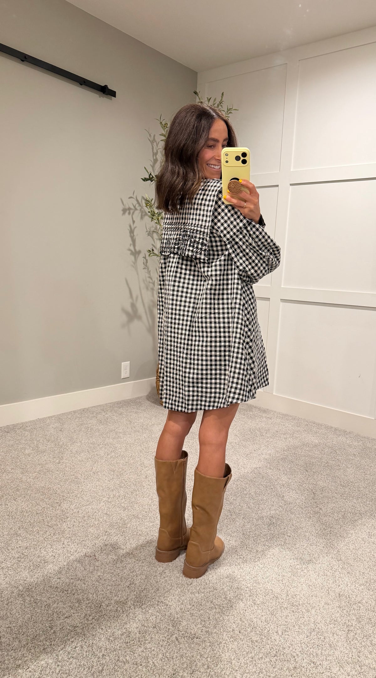 Riley Embroidered Collar Gingham Dress | Black/White