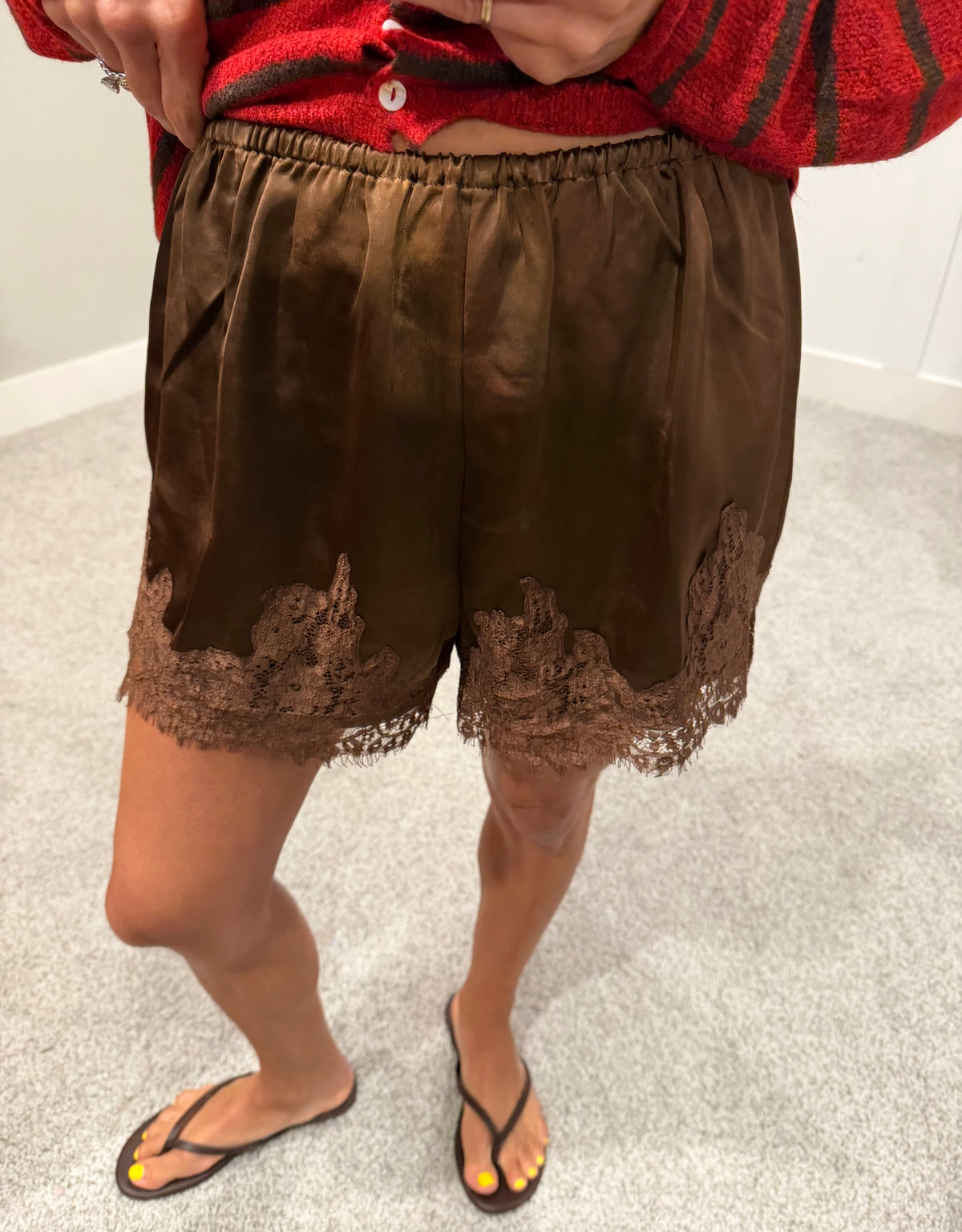Woven Satin Lace Trim Shorts | Chocolate