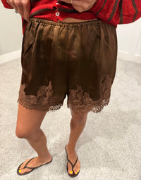 Woven Satin Lace Trim Shorts | Chocolate