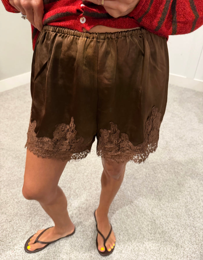 Woven Satin Lace Trim Shorts | Chocolate