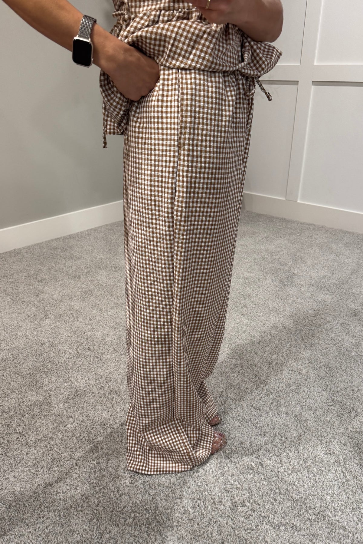 Gingham Wide Leg Pants | Brown
