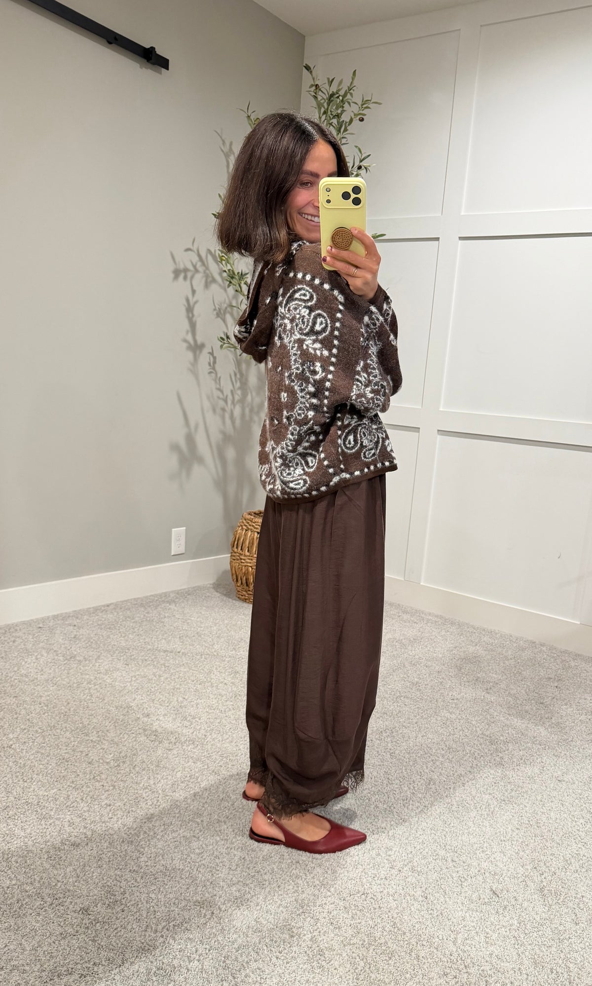 Pine Fuzzy Knit Hoodie Cardigan | Brown Paisley Bandana Print
