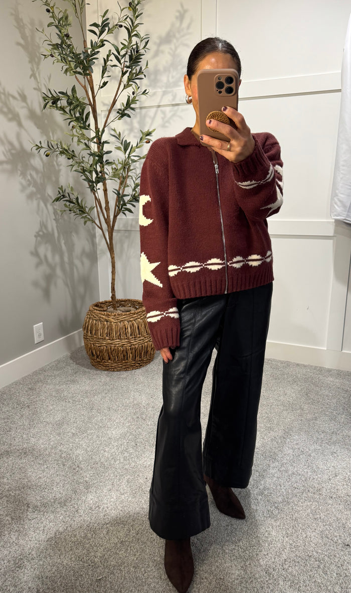Cozy Pattern Zip Sweater Jacket | Wine