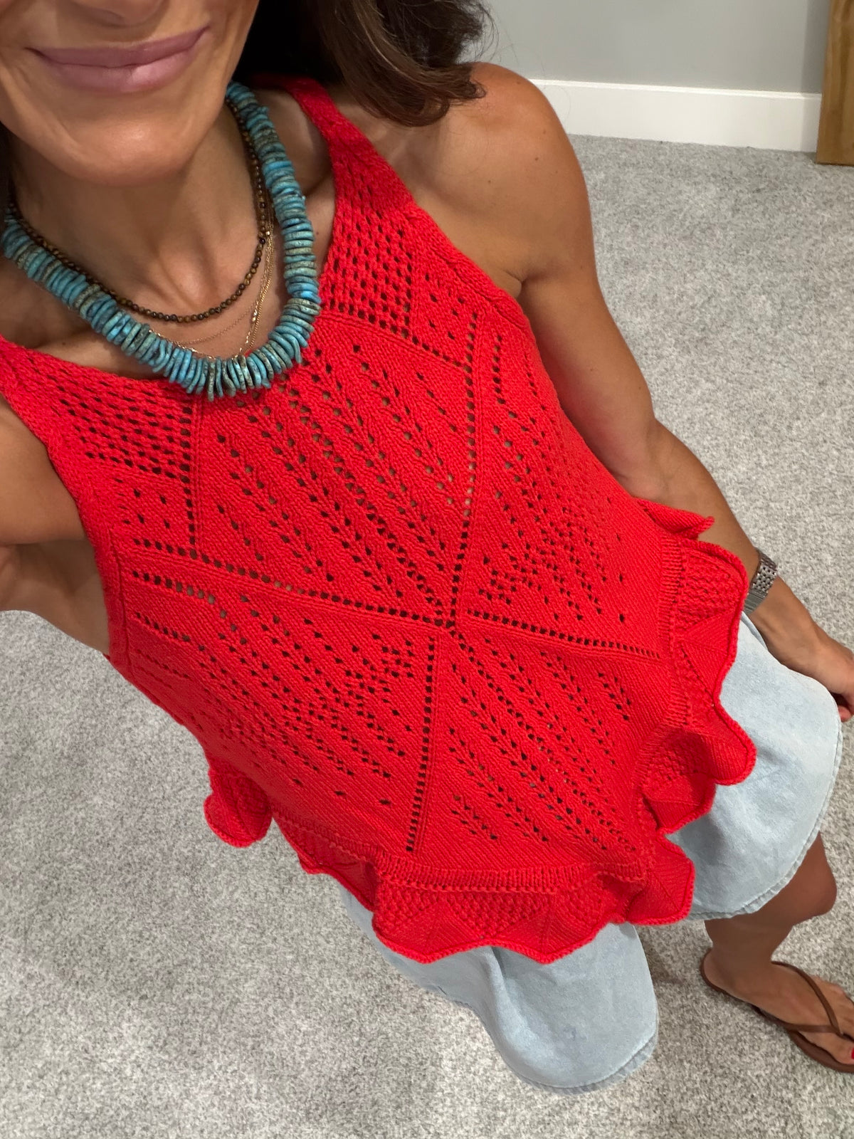 Pointelle Crochet-Knit Top | Red