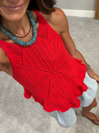 Pointelle Crochet-Knit Top | Red