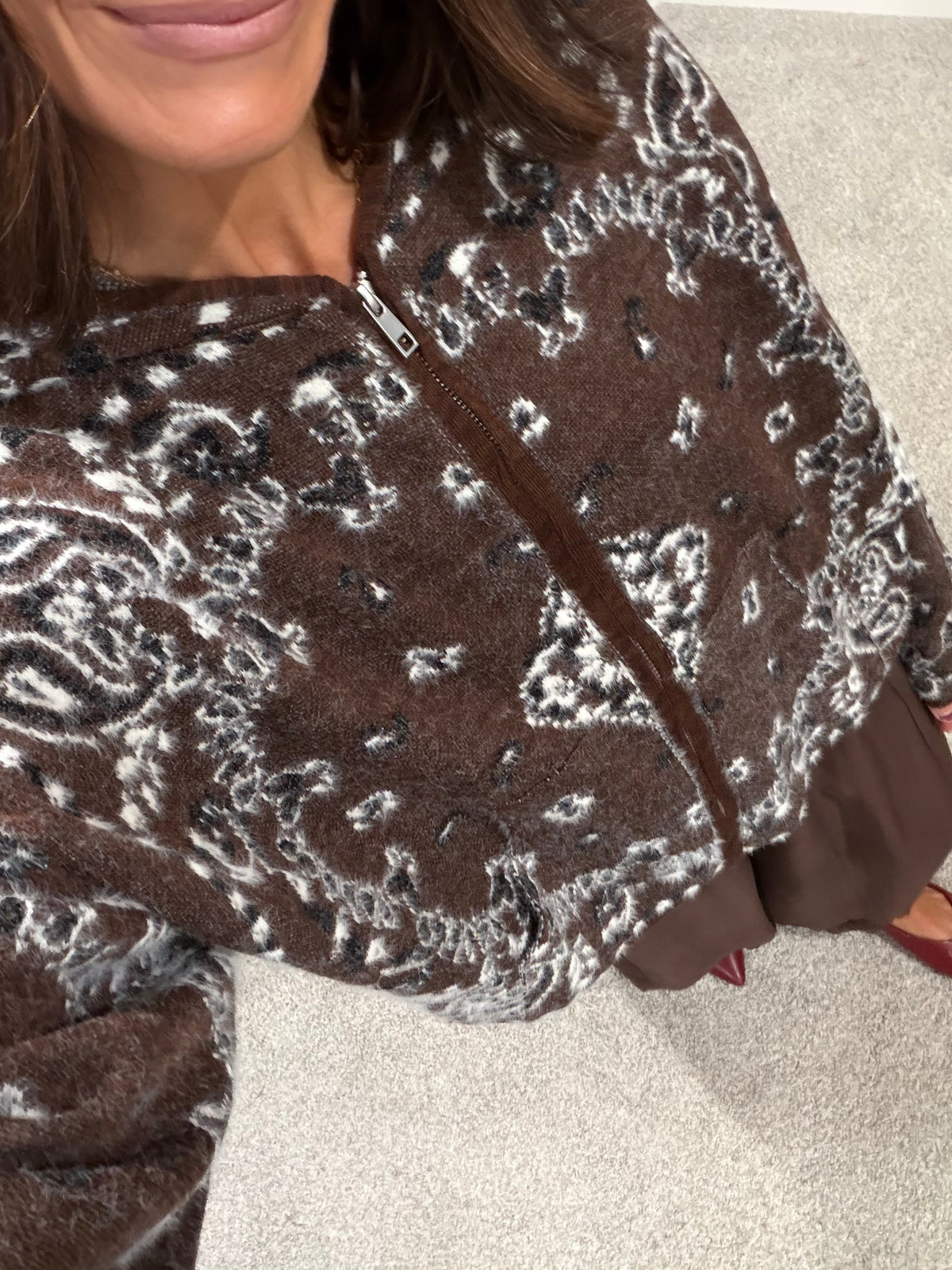Pine Fuzzy Knit Hoodie Cardigan | Brown Paisley Bandana Print