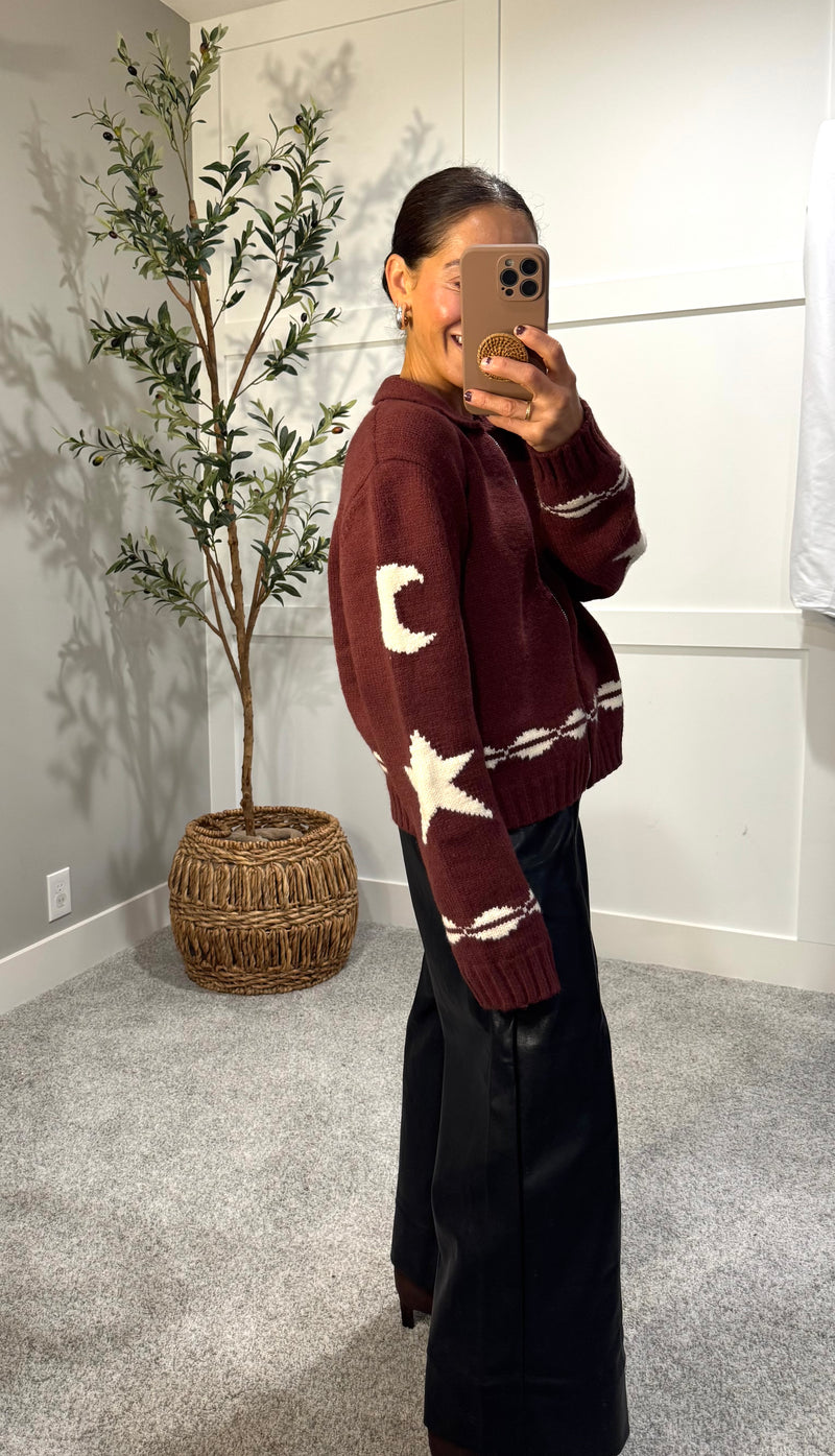 Cozy Pattern Zip Sweater Jacket | Wine
