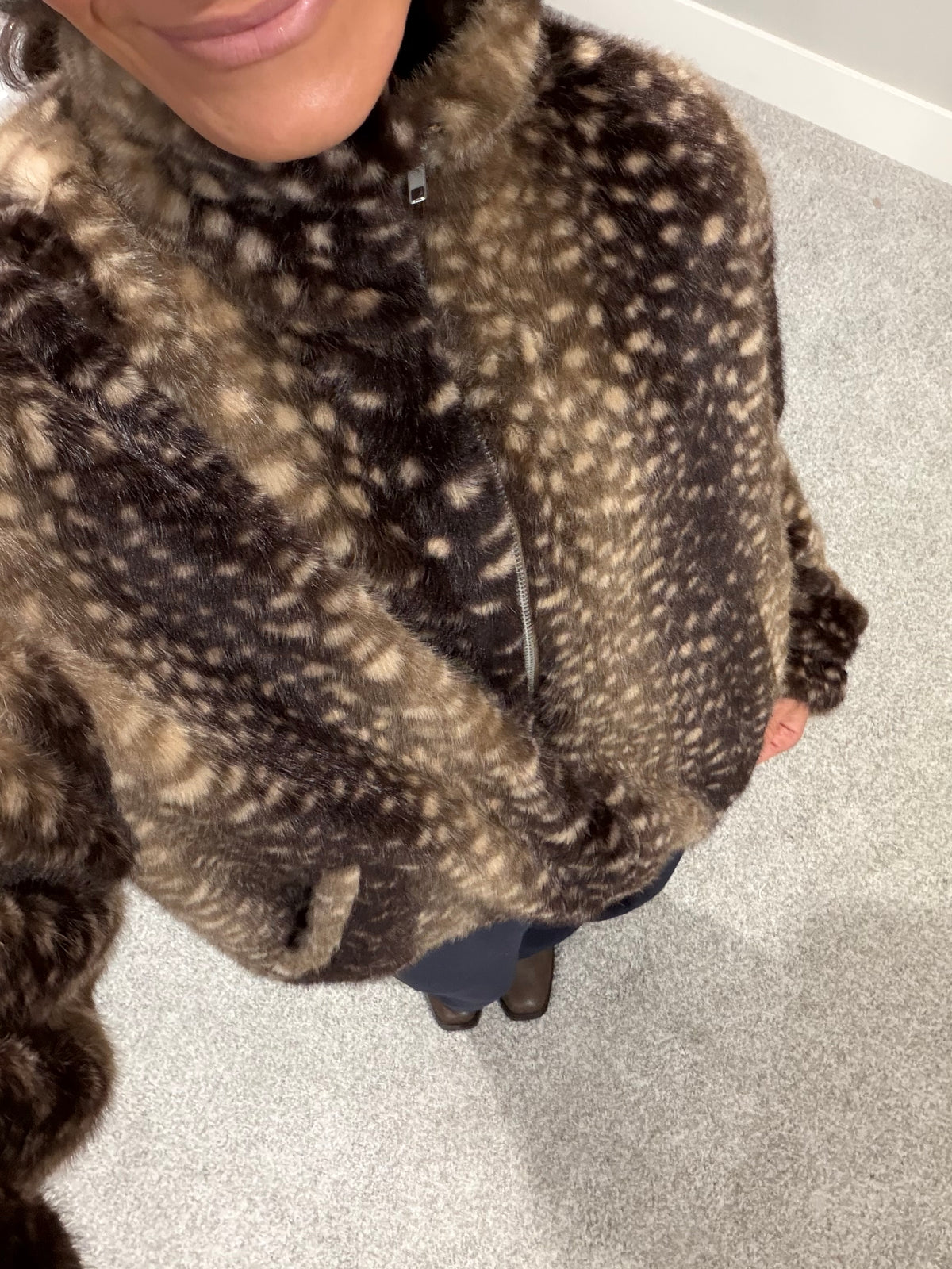 Faux Fur Deer Print Zip Jacket | Dark Taupe-Brown