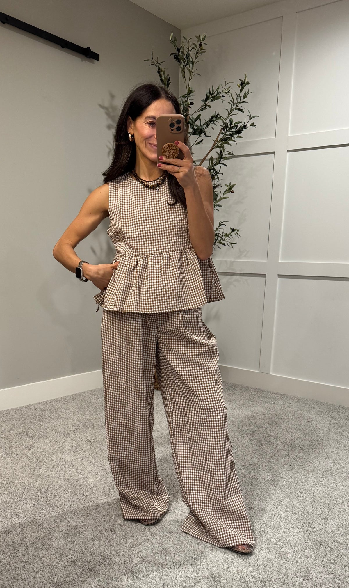 Gingham Wide Leg Pants | Brown