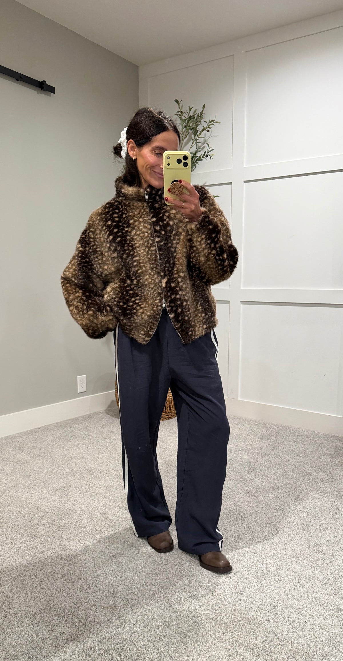 Faux Fur Deer Print Zip Jacket | Dark Taupe-Brown