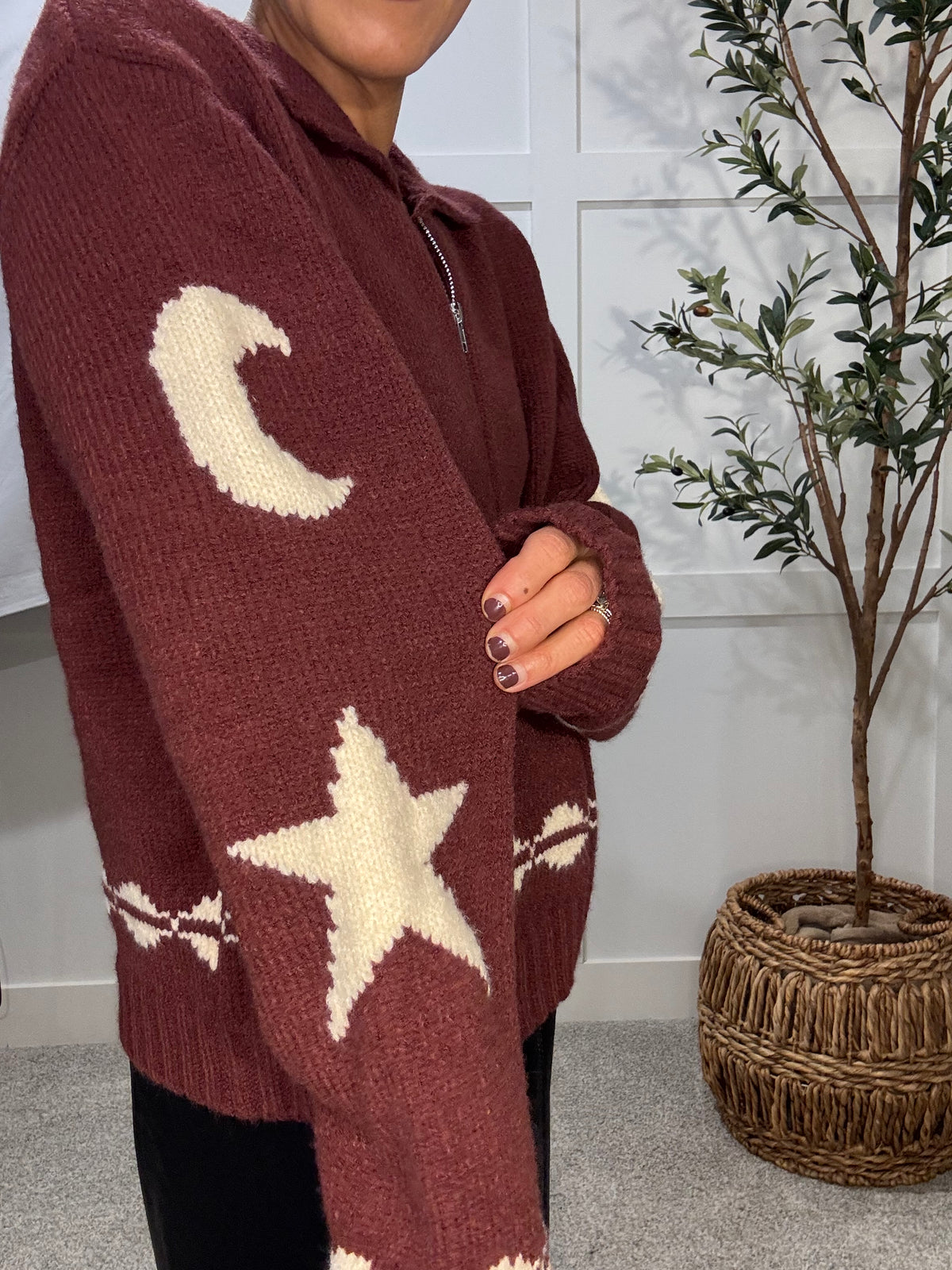 Cozy Pattern Zip Sweater Jacket | Wine