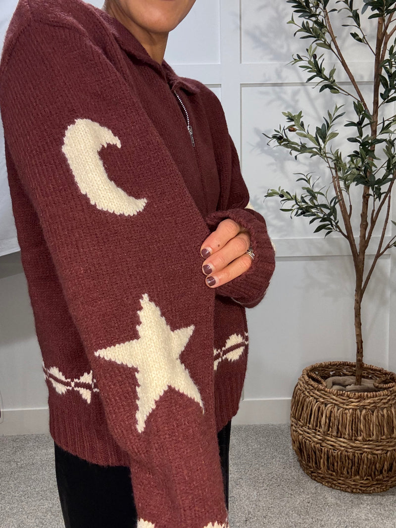 Cozy Pattern Zip Sweater Jacket | Wine