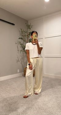 Mireya Satin Lace Trim Pants | Cream