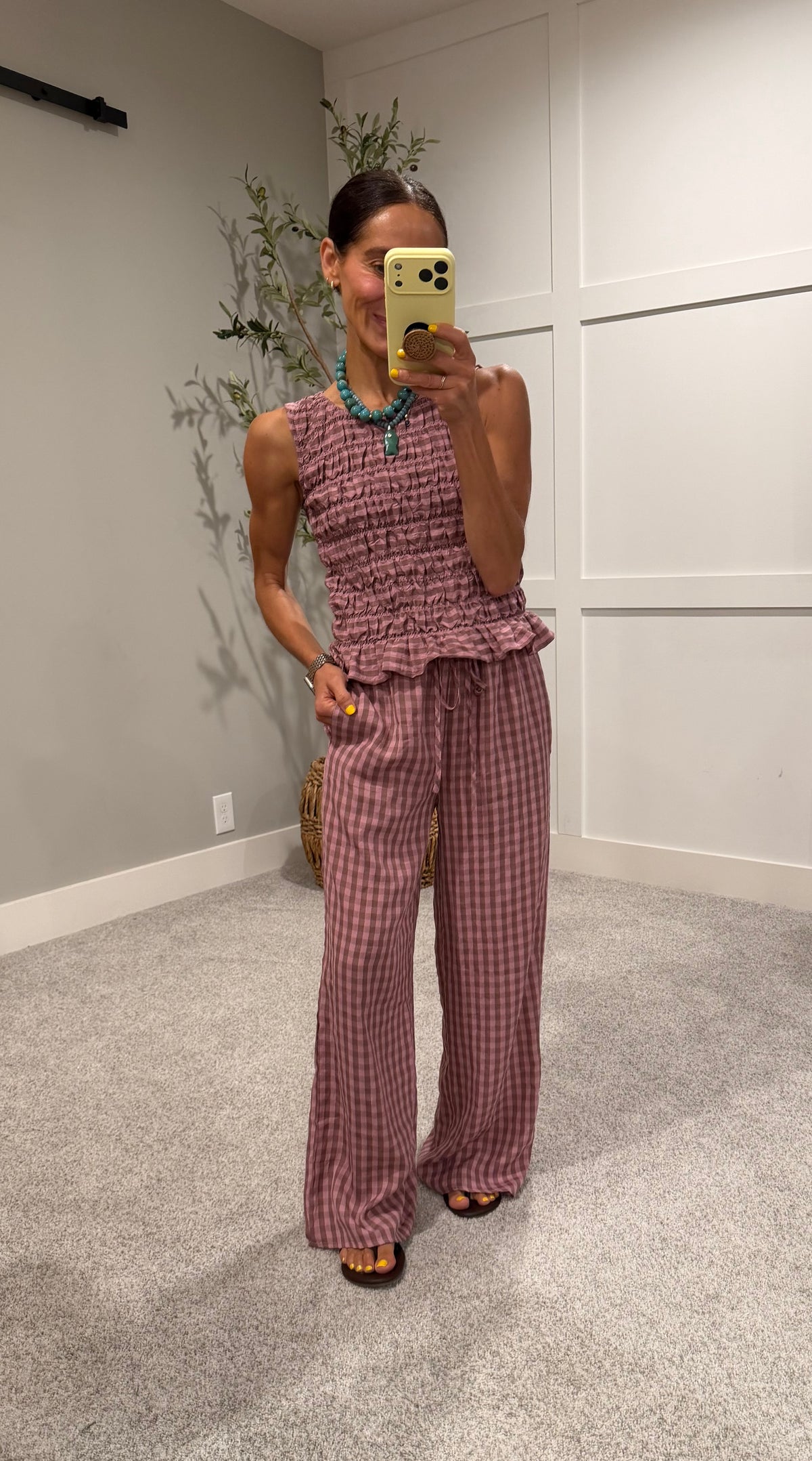 Gingham Print Drawstring Pants | Mauve