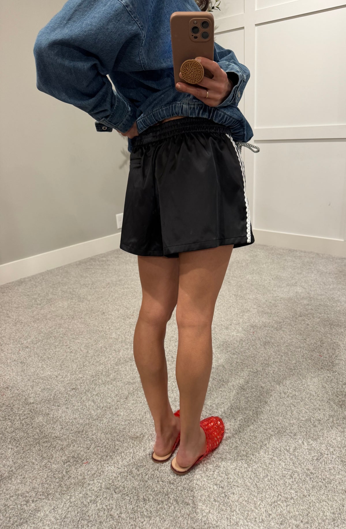 Satin Lace Track Shorts | Black