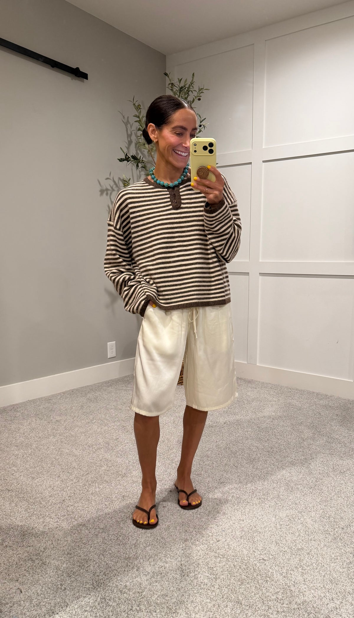 Etta Striped Henley Knit Sweater | Brown/Cream