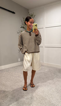 Etta Striped Henley Knit Sweater | Brown/Cream