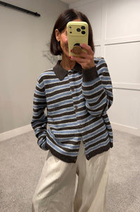Striped Collared Cardigan | Choco Blue