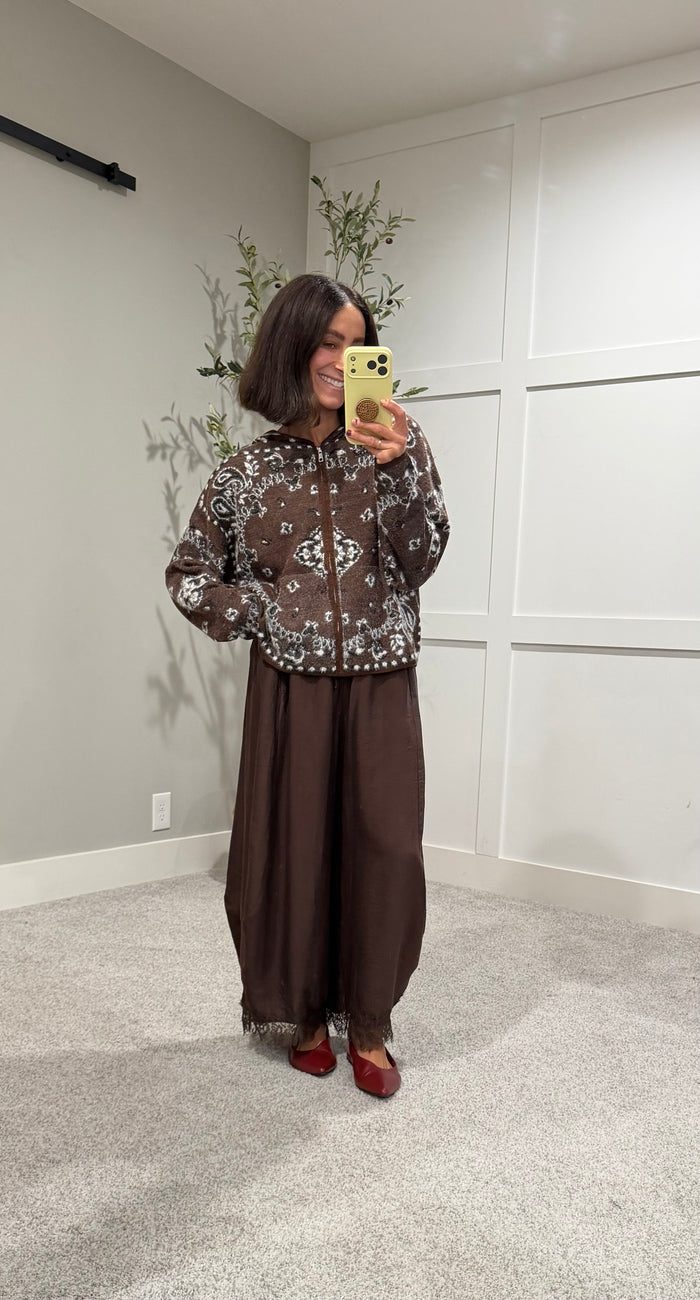 Pine Fuzzy Knit Hoodie Cardigan | Brown Paisley Bandana Print