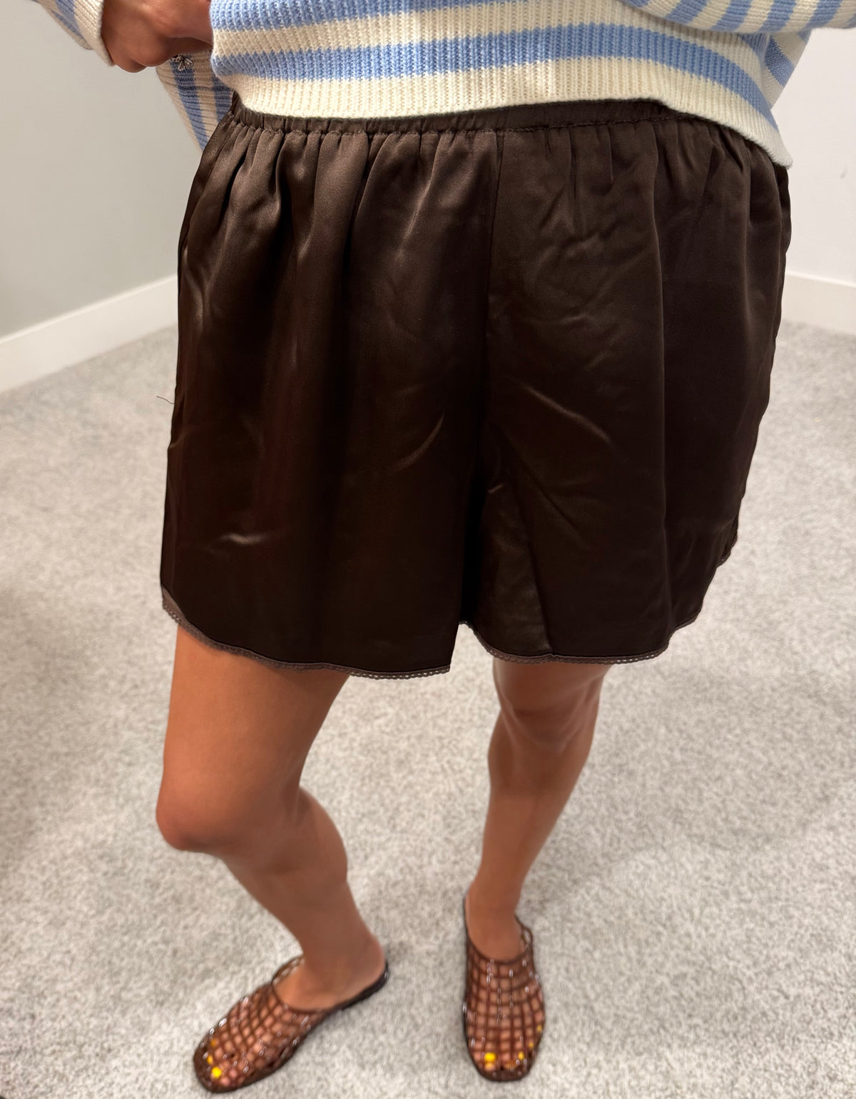 Scallop Trim Satin Shorts | Espresso