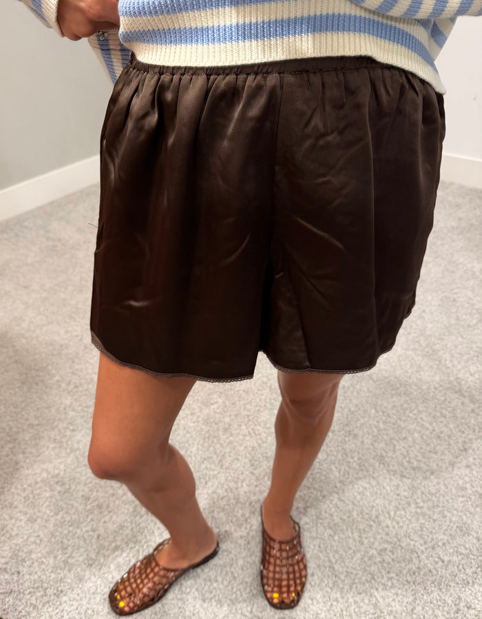 Scallop Trim Satin Shorts | Espresso
