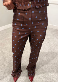 Ashton Ruffle Trim Pants | Brown/Blue Polka Dot