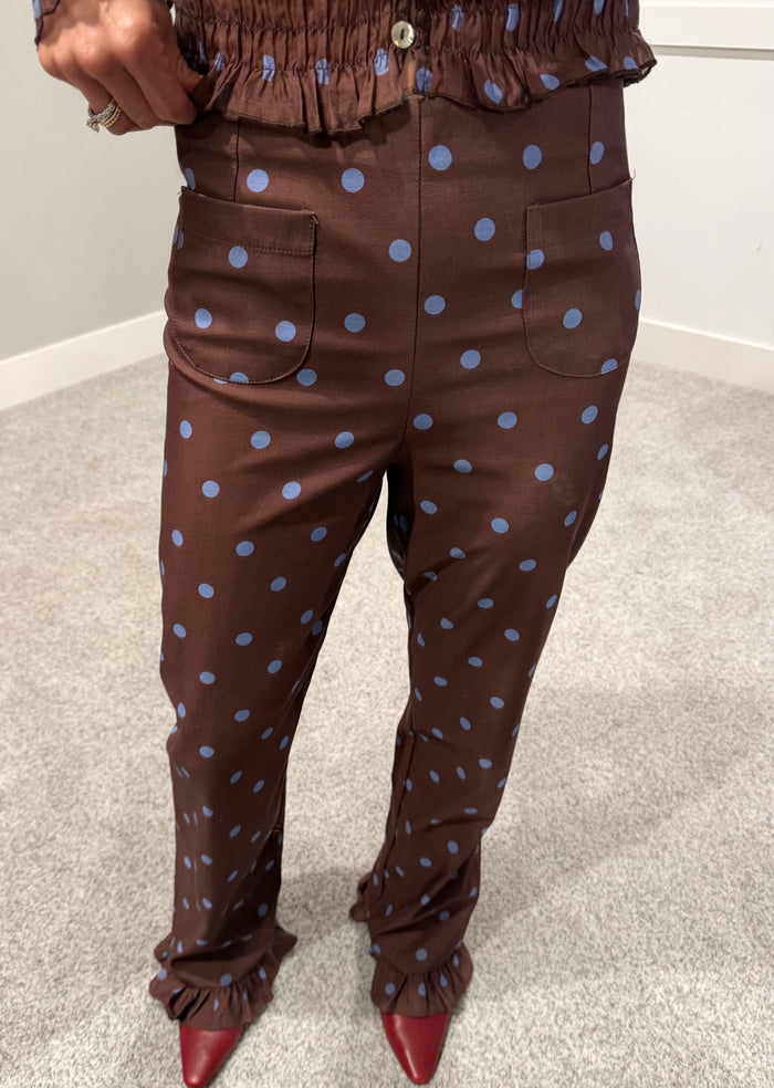 Ashton Ruffle Trim Pants | Brown/Blue Polka Dot