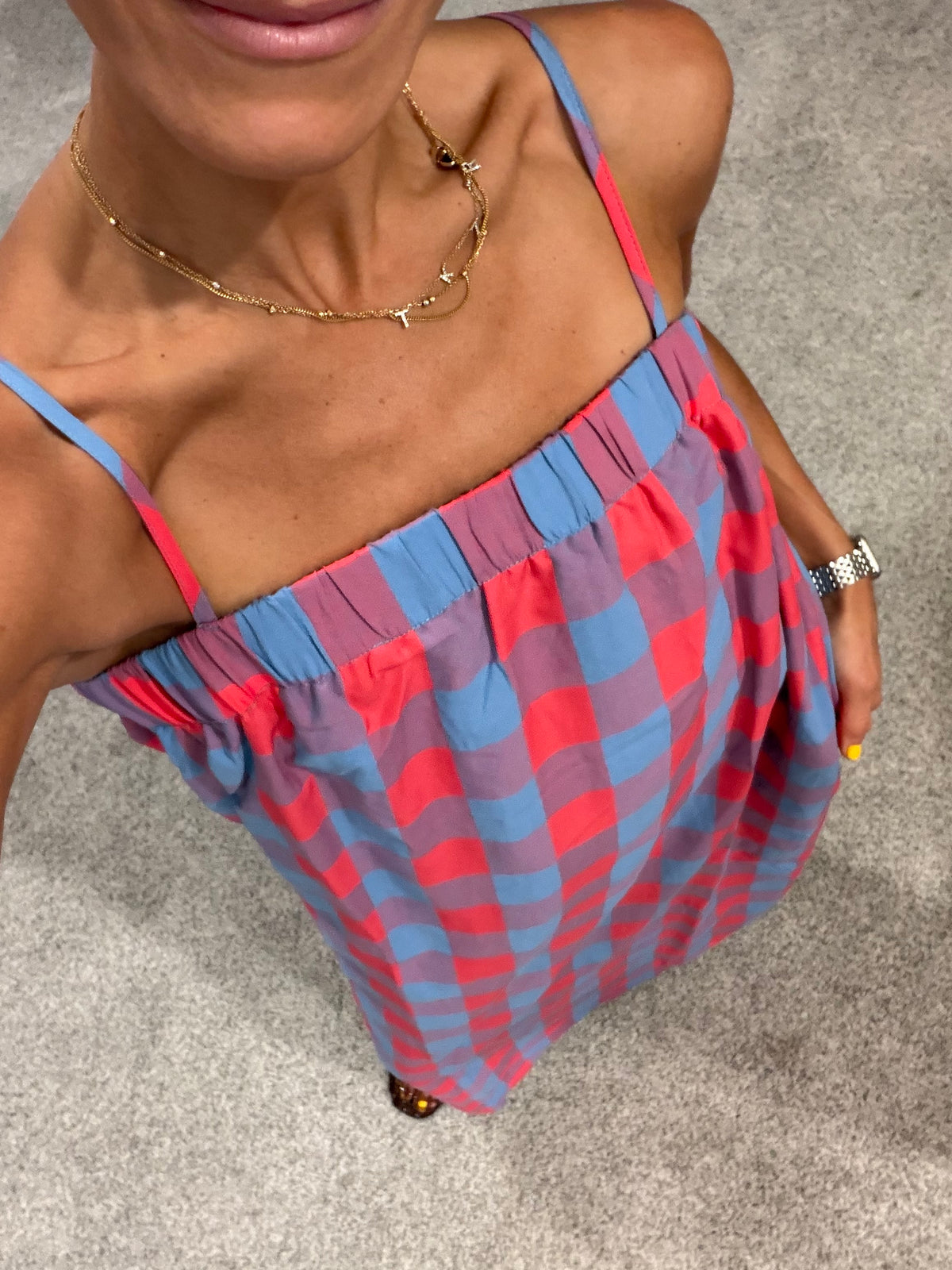 Full Length Cherry Blue Checkered Dress