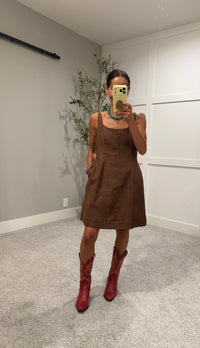 Linen Square Neck Mini Dress | Brown