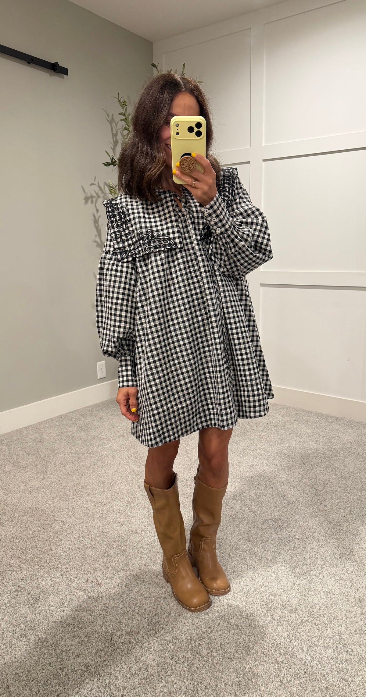 Riley Embroidered Collar Gingham Dress | Black/White