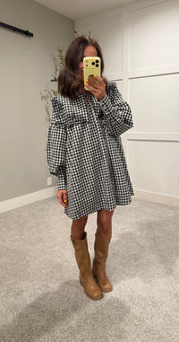 Riley Embroidered Collar Gingham Dress | Black/White