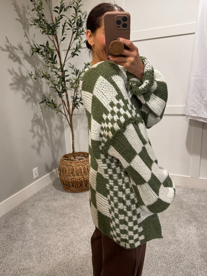 Oversized Checkered Open Cardigan | Green