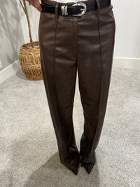 Pintuck Wide Leg Faux Leather Pant | Brown
